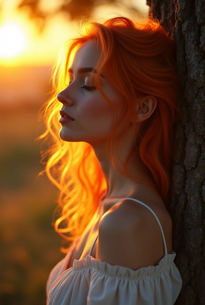 (photorealism:1.5), RAW photo,  
beautiful woman, orange and blonde hair, leaning against a tree, sunset background, peaceful expression, detailed clothing, high detail, photorealistic, vibrant colors, warm glow
 