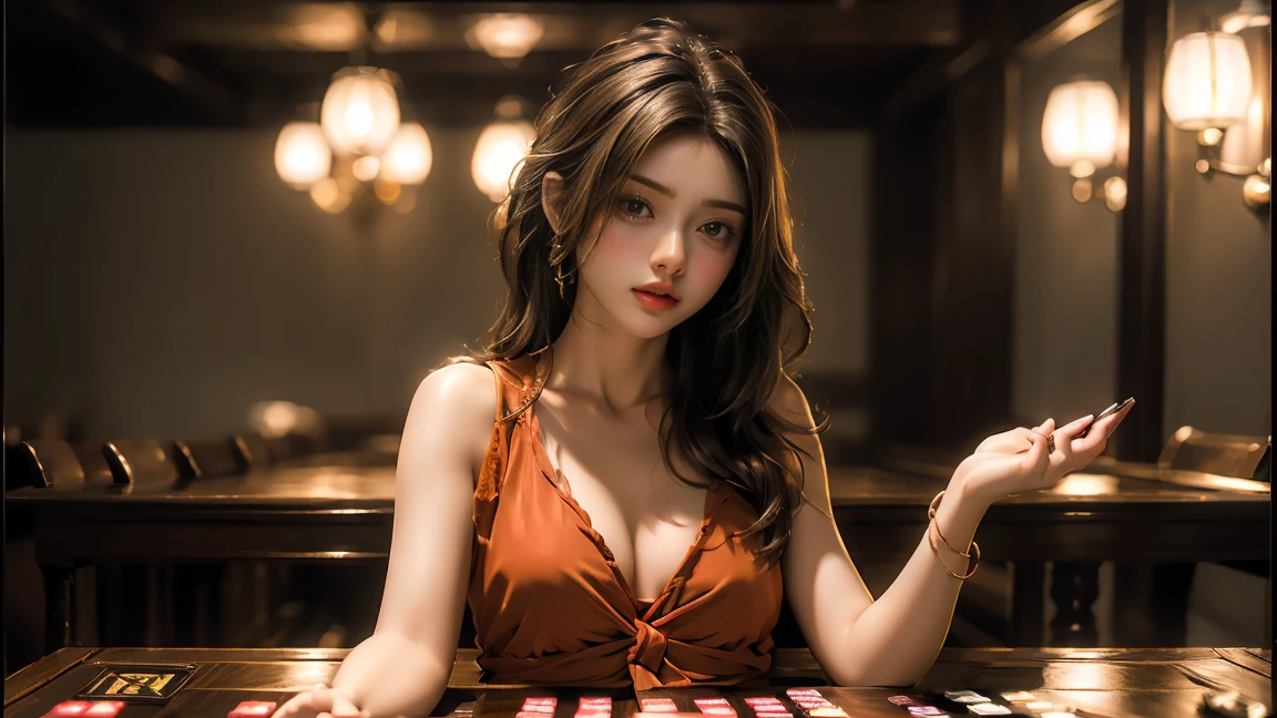 masterpiece, Highest image quality, photo realistic, Raw photo, (girl stand on the table and with game cards on hand, she play the card game and nearly win, background is the card detail,)