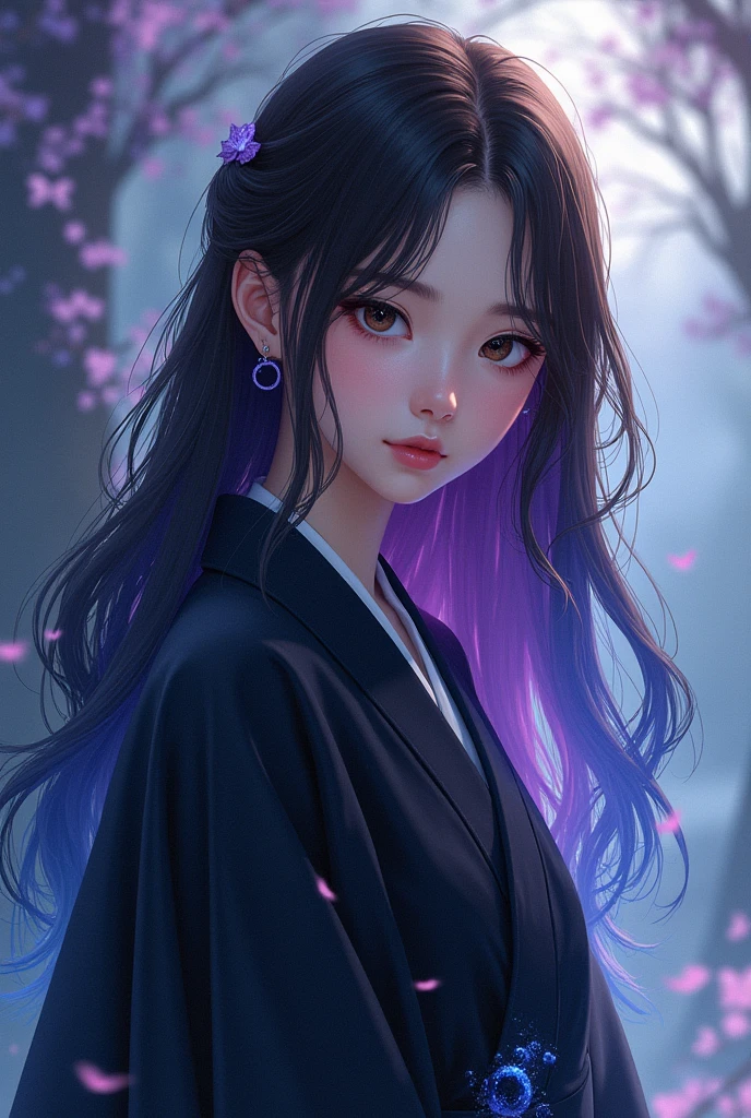a white skinned girl, with long dark brown hair that turns blue and purple at the tips, with brown eyes, with a black Haori that fades into blue and purple, She is wearing the Hashira uniform
