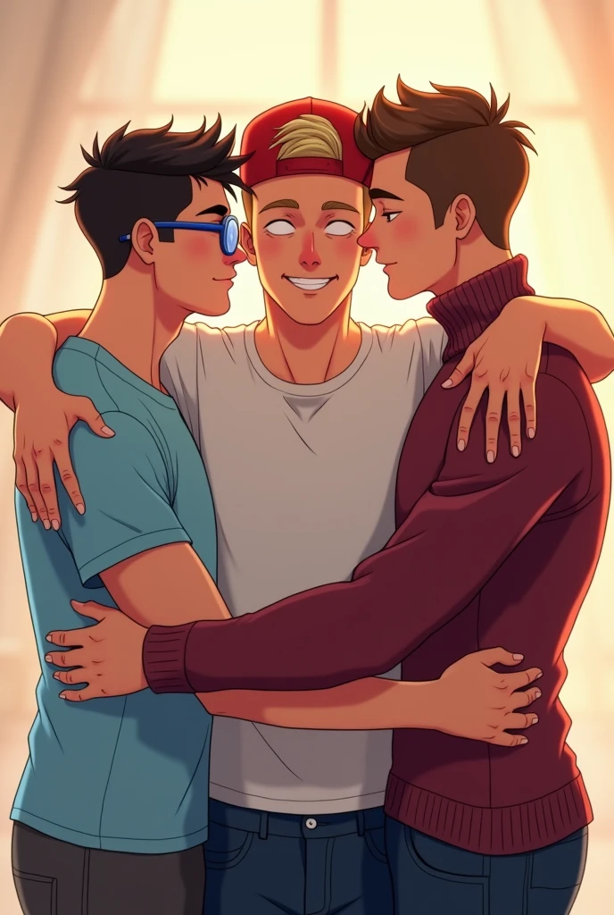 3 fit guys in love hugging eachother. anime style
1st is on the left, he is 5.8 feet tall, short haircut dark brown buzzcut hair, and blue rounded glasses.
2nd light blond guy is in the middle, 6 feet tall, with red cap backwards, and wears a rick and morty t-shirt.
the 3rd guy on the right is the 5.7 feet tall with pompadour haircut brown hair, wearing a wine turtle neck sweater