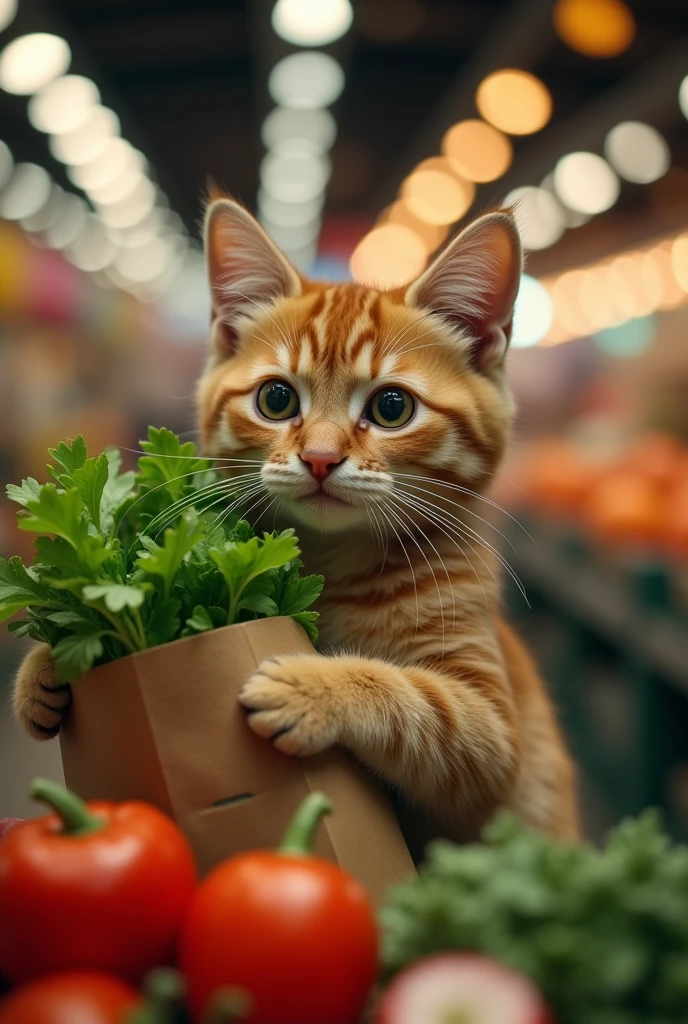 Cinematic still of cat holding shopping bag full of vegetables with paws, shopping with smile in a market. . Shallow depth of field, vignette, highly detailed, high budget, bokeh, Cinemascope, moody, epic, gorgeous, film grain, grainy