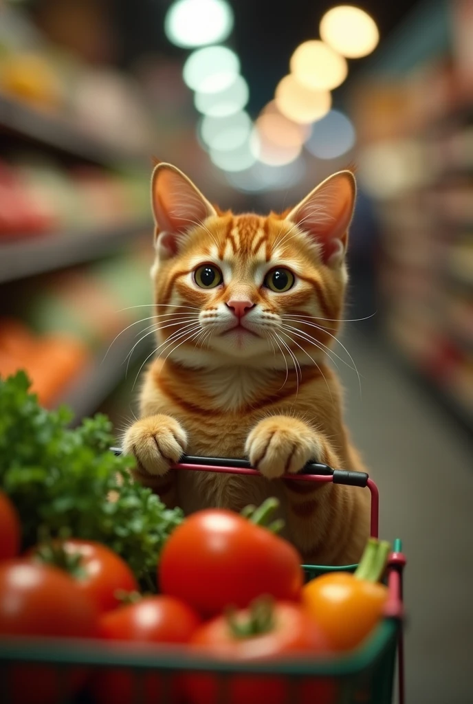 Cinematic still of cat holding shopping bag full of vegetables with paws,  shopping with smile in a market. . Shallow depth of field,  vignette,  highly detailed,  high budget,  bokeh,  Cinemascope,  moody,  epic,  gorgeous,  film grain,  grainy
