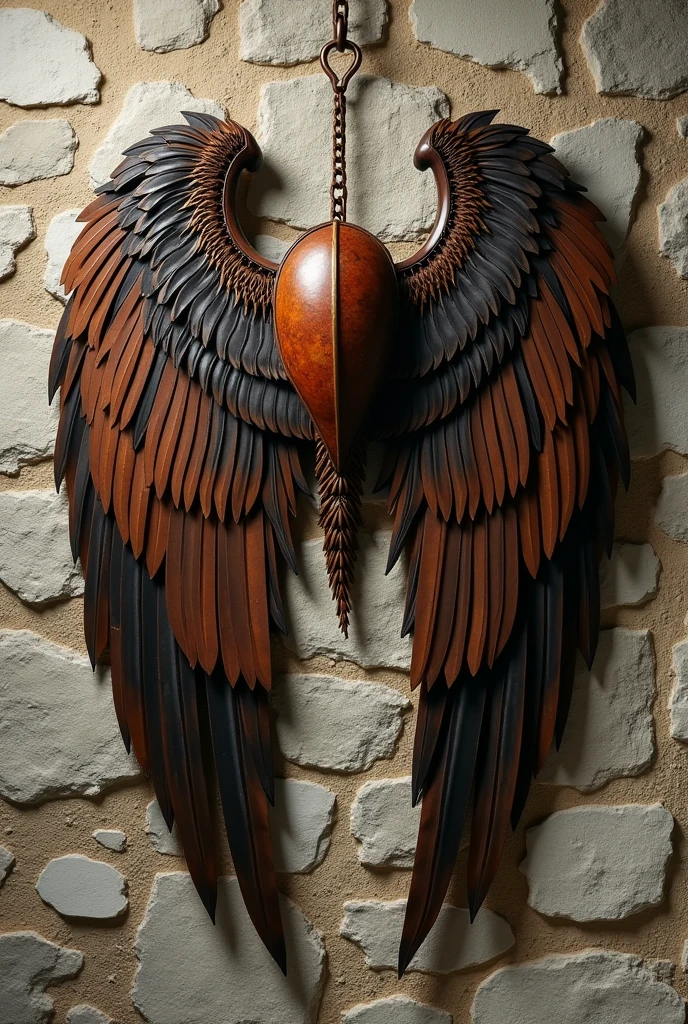 create an image of mechanical wings made of feathers and leather hanging on an ancient stone wall