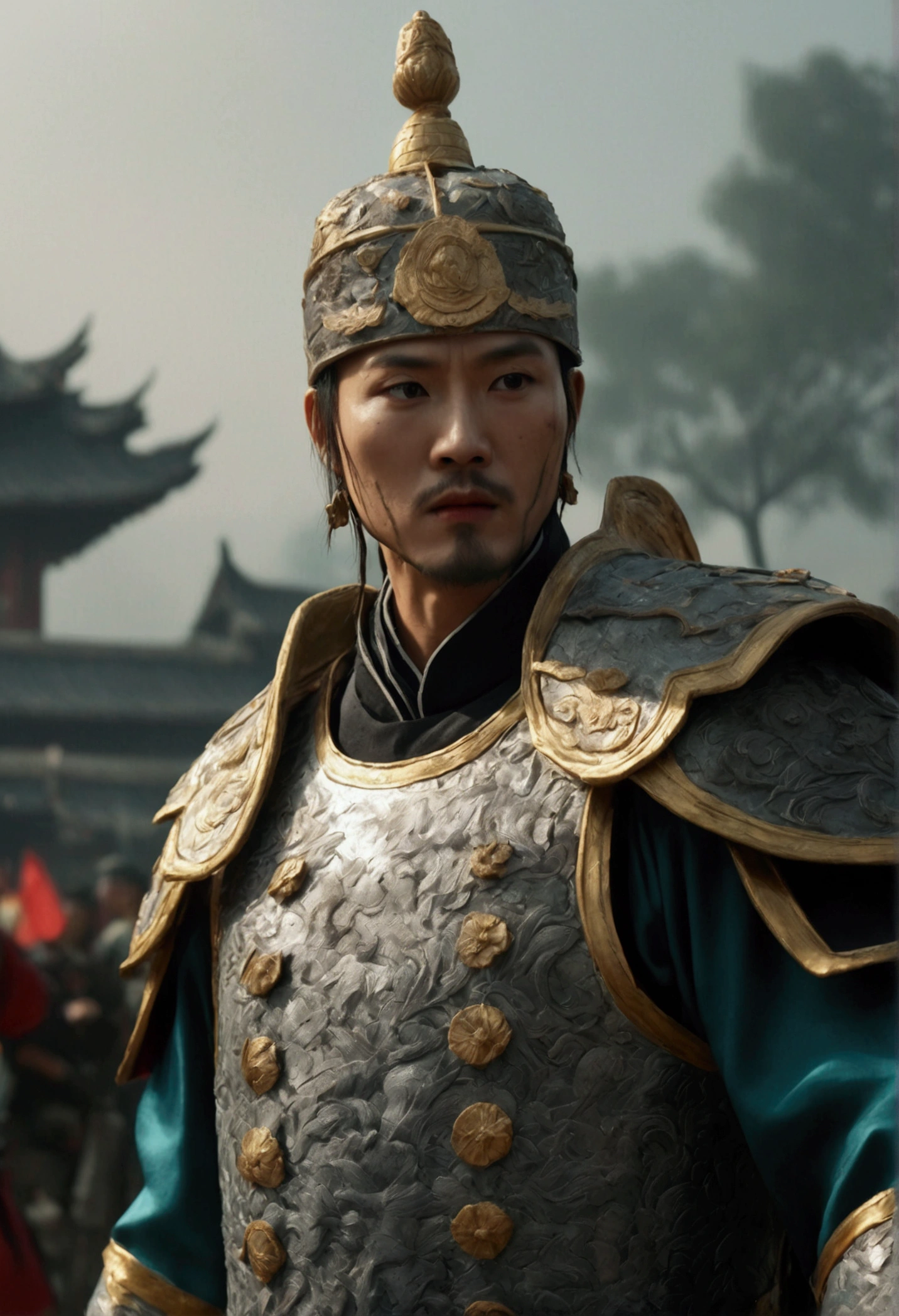Bust of an ancient Chinese general on the battlefield,The armor is broken, Starry sky and fog cover the landscape.Rich historical background. (Highest quality,4K,8k,High resolution,masterpiece:1.2), Very detailed, (Realistic,Realistic,Photorealistic:1.37), High resolution, Hyper HD, Studio Lighting, Ultra-fine painting, Sharp focus, Physically Based Rendering, Very detailed説明, Professional, Vibrant colors, Bokeh, Sports Late, Ancient War Landscapes, Traditional Chinese Painting Techniques, Atmospheric lighting, Dynamic Pose, Complex combat scenarios, Vivid color contrast, Visually stunning composition, Ethereal atmosphere, heroism. Black and White