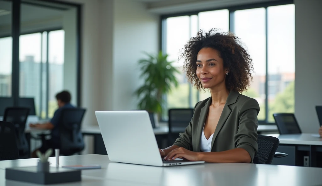 Create a realistic image of a modern office environment. A woman with curly hair is working on a laptop with no visible brand, and her hands are partially hidden behind the laptop. The office has large windows allowing natural light to diffuse softly. The background includes clean, organized desks, ergonomic chairs, and glass partitions, giving an open, collaborative feel. Use a DSLR or mirrorless camera with a full-frame sensor, and a prime lens with a wide aperture (f/1.8 or f/2.8) for shallow depth of field. Adjust ISO to 400, aperture to f/2.8, and shutter speed to 1/125 seconds. Position the woman slightly off-center following the rule of thirds. Ensure post-processing for exposure, contrast, and color balance using Lightroom and Photoshop. Maintain a neutral color palette (gray, white, black) for a professional look. Use fill lights to eliminate shadows and ensure the overall lighting is soft and even.