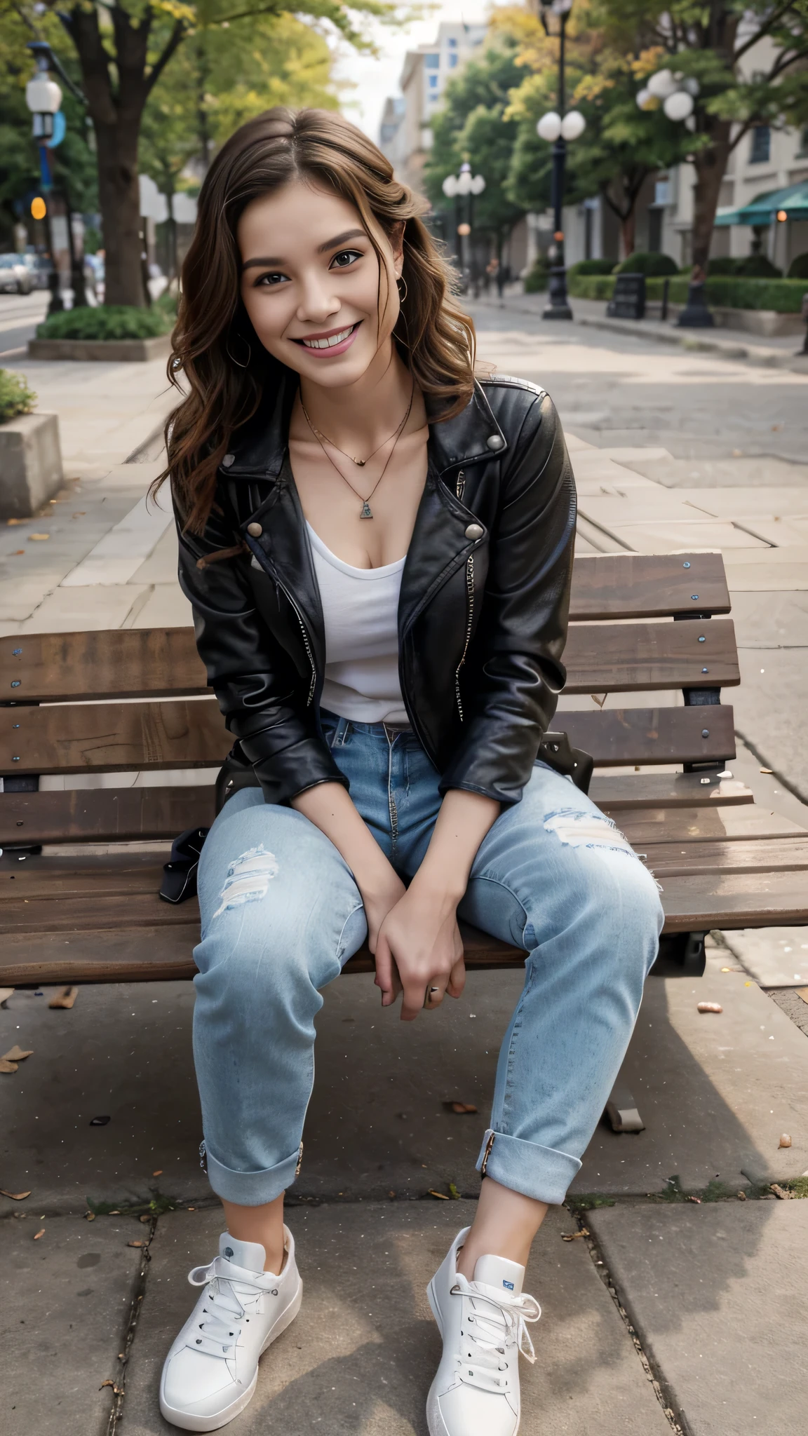 High resolution, 8k wallpaper, Beautiful Caucasian Woman、Full body photo、,Leather jacket sitting on a park bench、shirt、Skinny jeans、sneakers、、Necklace around the neck、 bionde 、Short Haircut、Wavy Hair、ear piercing、smile、Beautiful teeth alignment、