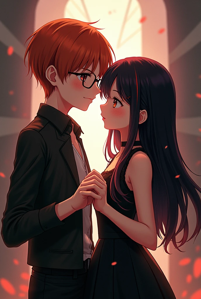 boy with short orange hair, Tez blanca, amber eyes con gafas, alto con audífonos haciendo un corazón con las manos junto una chica de Tez blanca, amber eyes, long black hair with red streaks, soft pink lips and gothic dress like Friends. Attack on Titan style, WITT STUDIOS 1 season