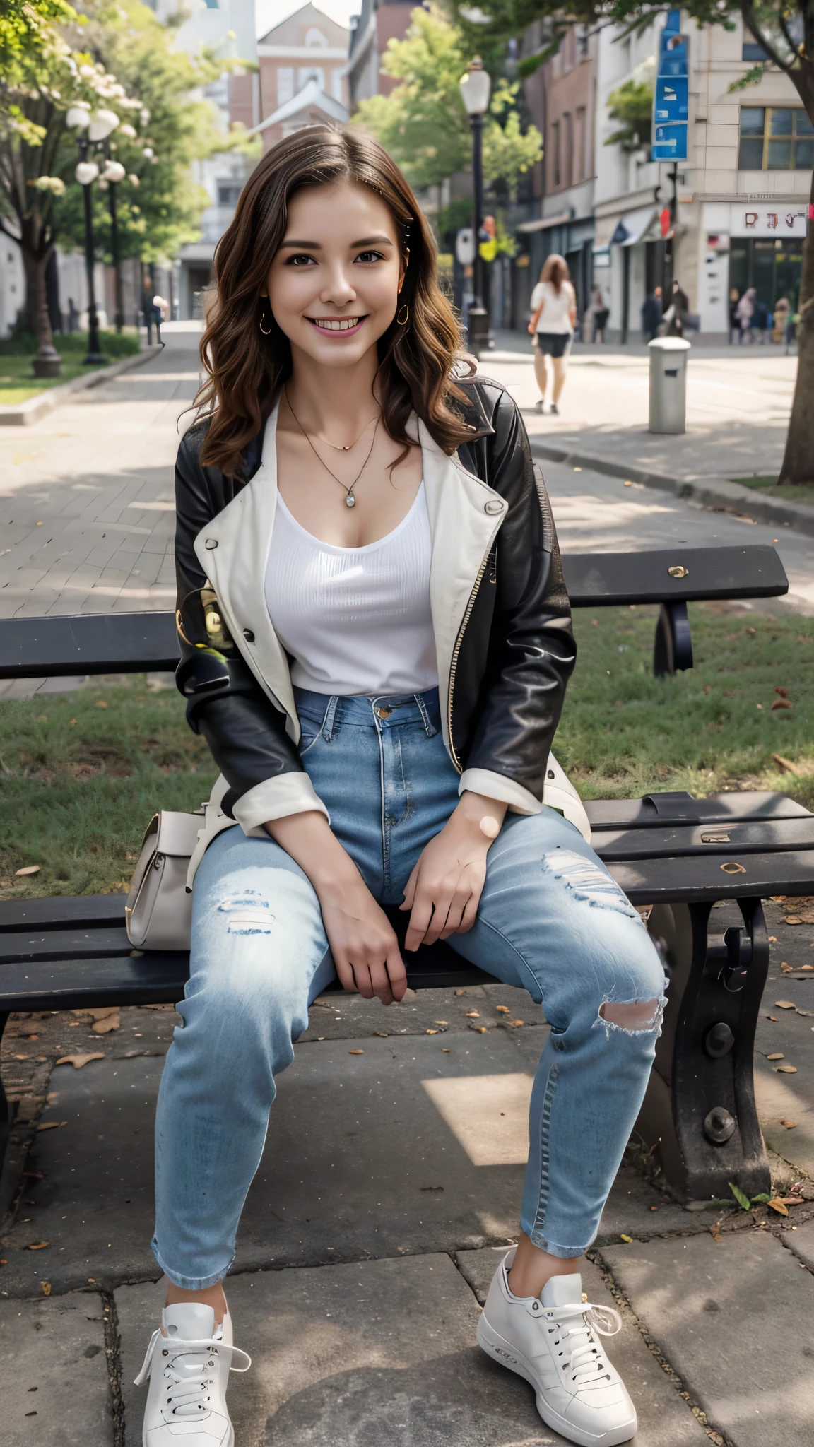 High resolution, 8k wallpaper, Beautiful Caucasian Woman、Full body photo、,Leather jacket sitting on a park bench、shirt、Skinny jeans、sneakers、、Necklace around the neck、 bionde 、Short Haircut、Wavy Hair、ear piercing、smile、Beautiful teeth alignment、