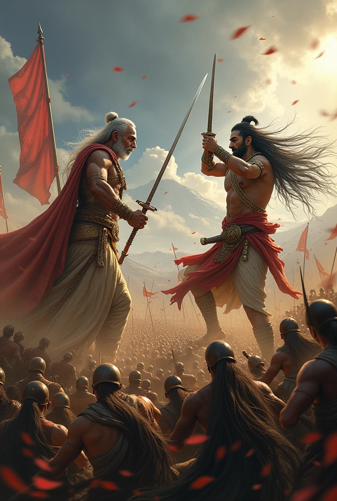 Creat a image on the lord bhishma and Arjuna in a war between them the lot wepons and soldiers at a mahabharat