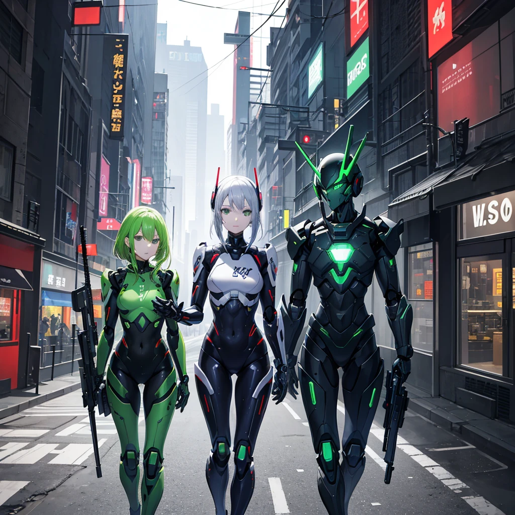 Anime girl in silver and green robot armor walking down the street holding a rifle in her right hand, A girl wearing silver mecha cyber armor, Cyberpunk Anime Girl Mecha, Perfect android girl, Android Heroine, Female Mecha, biblical Female Android, Mechanized Soldier Girl, beautiful Female Android!, Cyber Suit, Cyberpunk Anime Girl, broken beautiful Female Android!, Female Android, Wearing sci-fi military armor、Decayed City、Beautiful girl face 1.5、1 with a glowing green sword in his left hand.5,One Girl 1.4