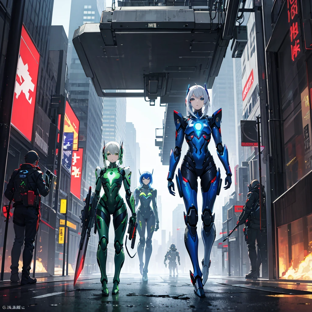 Anime girl in silver and green robot armor walking down the street holding a rifle in her right hand, A girl wearing silver mecha cyber armor, Cyberpunk Anime Girl Mecha, Perfect android girl, Android Heroine, Female Mecha, biblical Female Android, Mechanized Soldier Girl, beautiful Female Android!, Cyber Suit, Cyberpunk Anime Girl, broken beautiful Female Android!, Female Android, Wearing sci-fi military armor、Decayed City、Beautiful girl face 1.5、1 with a glowing green sword in his left hand.5,One Girl 1.4