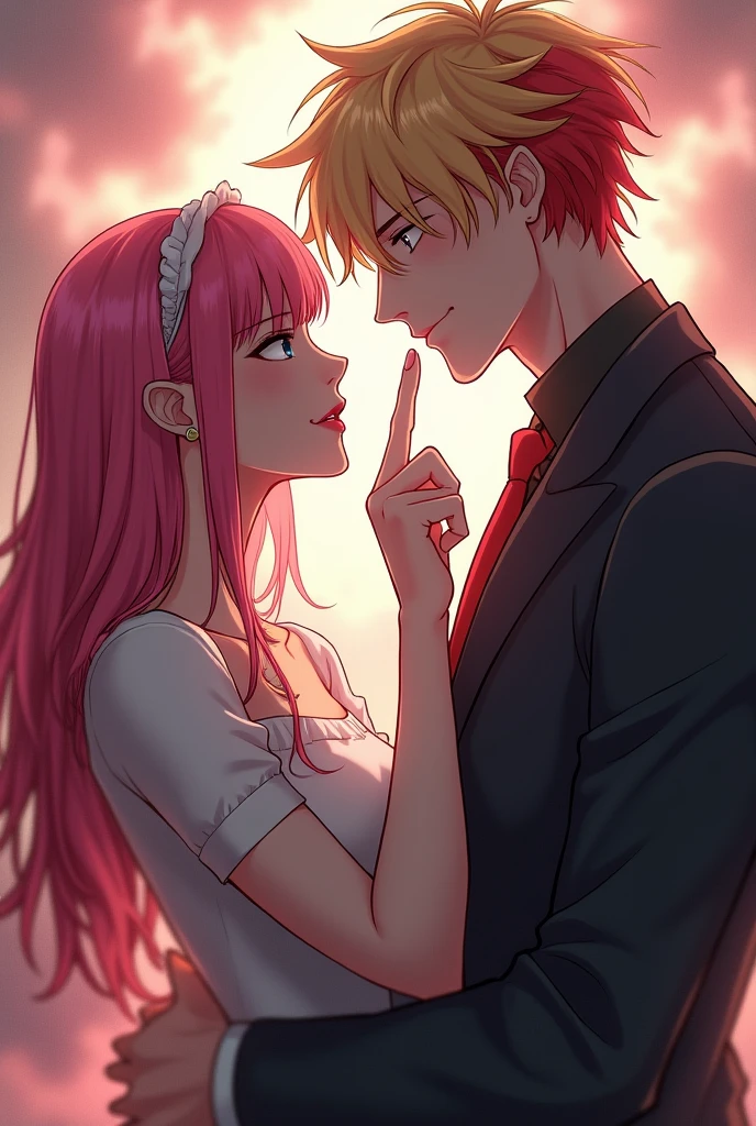 There are two men and women。The two of them are facing each other.、Woman on the left、There is a man on the right。The woman on the left has long pink hair.。Eyes color is gray。The man on the right is about 10cm taller than the woman.、I have blonde and red hair。The composition shows the pink-haired woman on the left holding her finger and the blonde man on the right eating the tip of her finger.。The composition is about waist-high.。