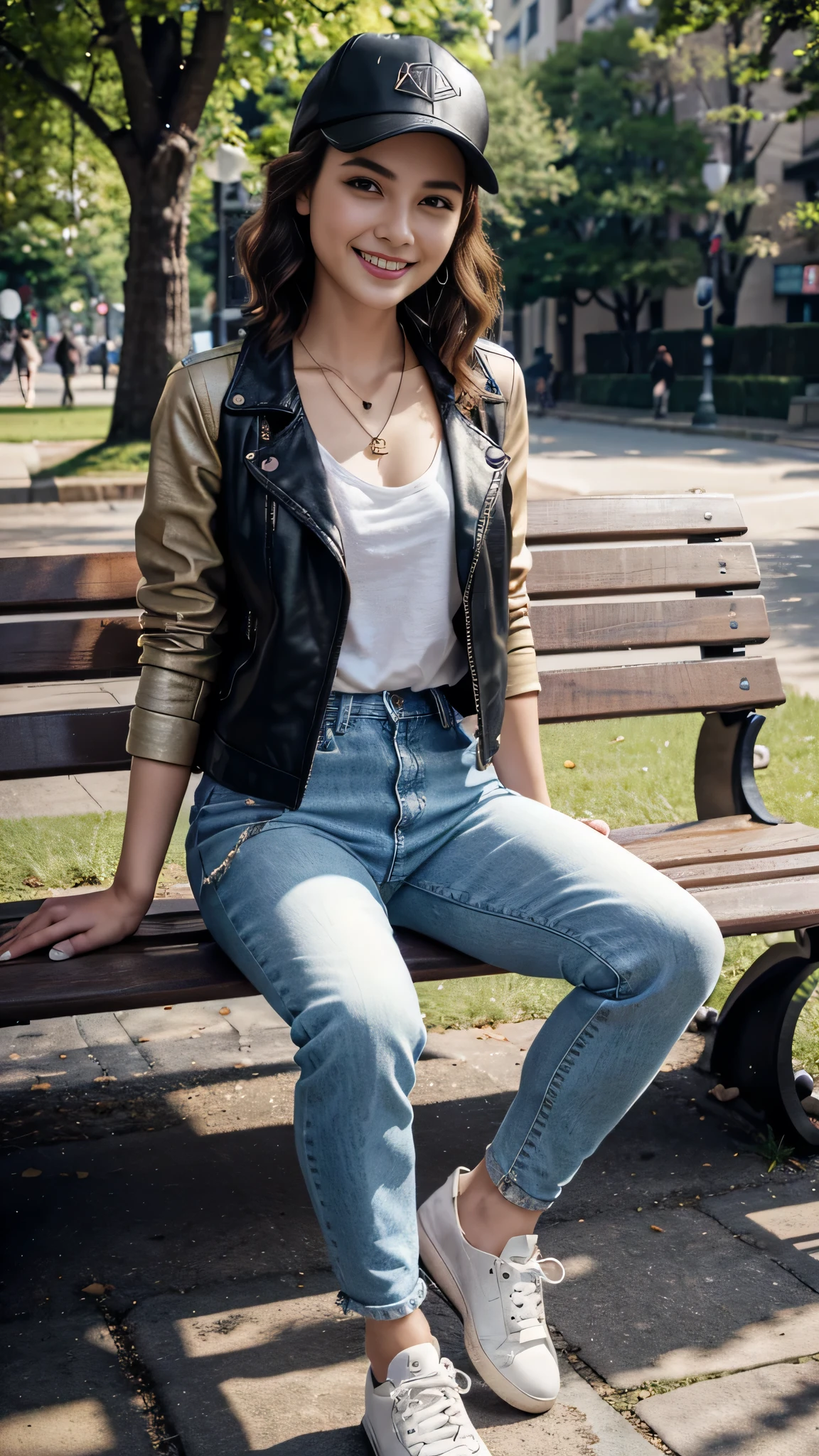 High resolution, 8k wallpaper, Beautiful Caucasian Woman、Full body photo、,Leather jacket sitting on a park bench、shirt、Skinny jeans、sneakers、、Necklace around the neck、 bionde 、Short Haircut、Wavy Hair、Baseball cap、ear piercing、smile、Beautiful teeth alignment、