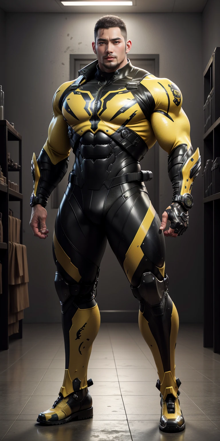 Tall giant muscular police officer,Yellow and black camouflage patterned nano mecha,Honeycomb pattern,Lightweight texture,Character Concept(Resident Evil - Chris Redfield,Chris Redfield)senior police officer,Small grid texture,Regular symmetrical texture pattern,Sad expression,Deep and charming eyes,Standing in a bright mechanical laboratory,Emerald Eyes Hero,Heroic male pose,高大Burly,muscular!Attractive leg muscles,High target, Burly, Heqiang, Super Buff and Coolness, High Resolution Committee, Bigfoot yellow-gray ultra-thin nano-mechanical boots,Charismatic strongman,The bright sunshine shines on you,Matte particles,Shiny texture