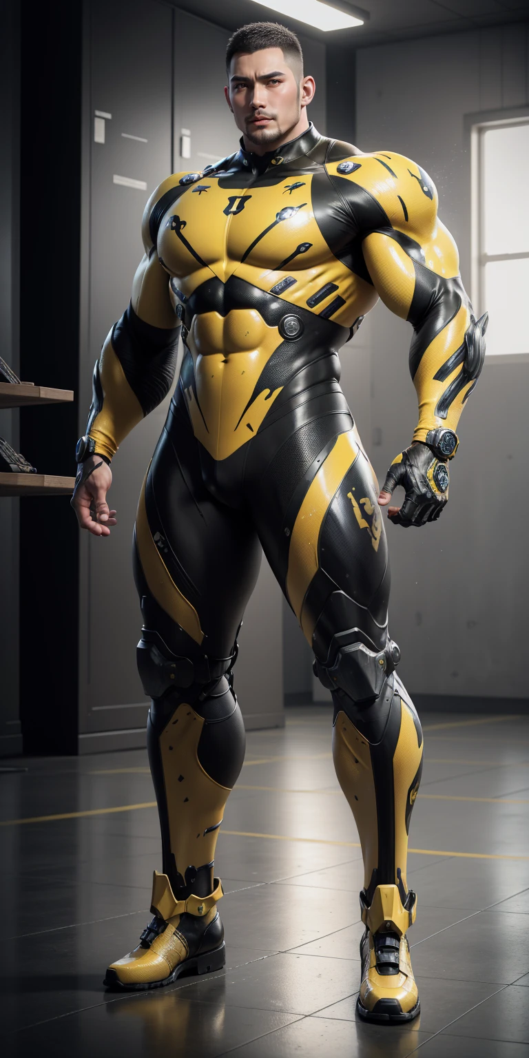 Tall giant muscular police officer,Yellow and black camouflage patterned nano mecha,Honeycomb pattern,Lightweight texture,Character Concept(Resident Evil - Chris Redfield,Chris Redfield)senior police officer,Small grid texture,Regular symmetrical texture pattern,Sad expression,Deep and charming eyes,Standing in a bright mechanical laboratory,Emerald Eyes Hero,Heroic male pose,高大Burly,muscular!Attractive leg muscles,High target, Burly, Heqiang, Super Buff and Coolness, High Resolution Committee, Bigfoot yellow-gray ultra-thin nano-mechanical boots,Charismatic strongman,The bright sunshine shines on you,Matte particles,Shiny texture