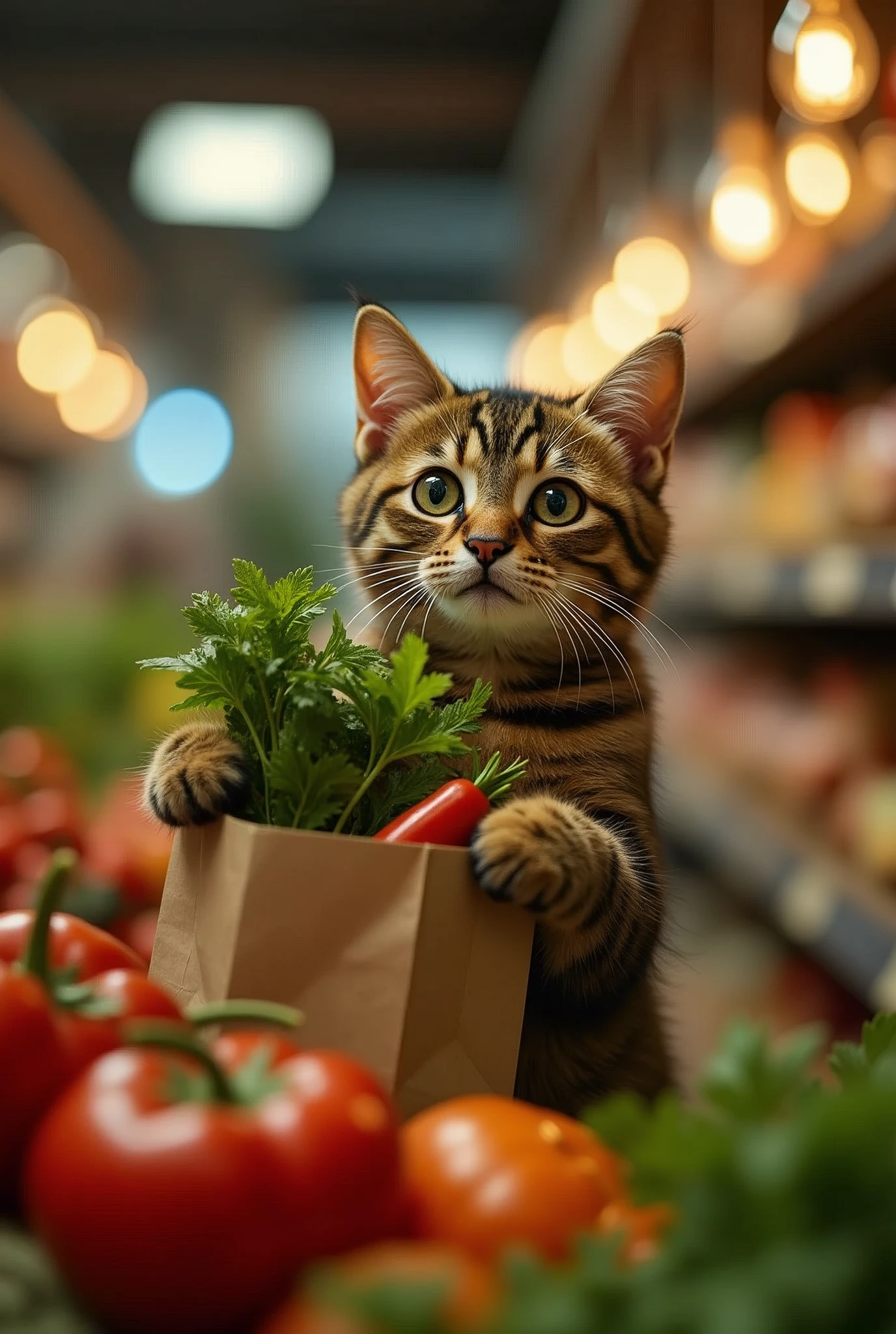 Cinematic still of cat holding shopping bag full of vegetables with paws,  shopping with smile in a market. . Shallow depth of field,  vignette,  highly detailed,  high budget,  bokeh,  Cinemascope,  moody,  epic,  gorgeous,  film grain,  grainy