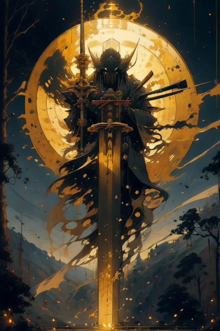 (Best Quality,ultra detailed),bright,ancient japanese deity,japanese traditional bamboo hat(fail),dense forest landscape,majestic and serene nature,sun shining brightly in the night sky,yellow tattered robes with fluorescent gold stripes that glow in the sunlight,samurai sword sharpened and drawn(katana),long spiraling horns,palid mask on face,jewelry and golden bracelets, feminine body