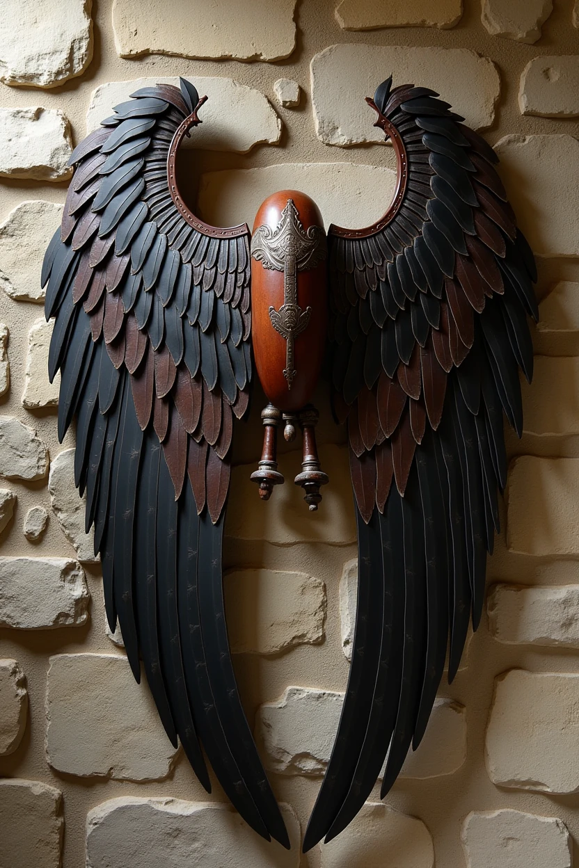 create an image of mechanical wings made of feathers and leather hanging on an ancient stone wall