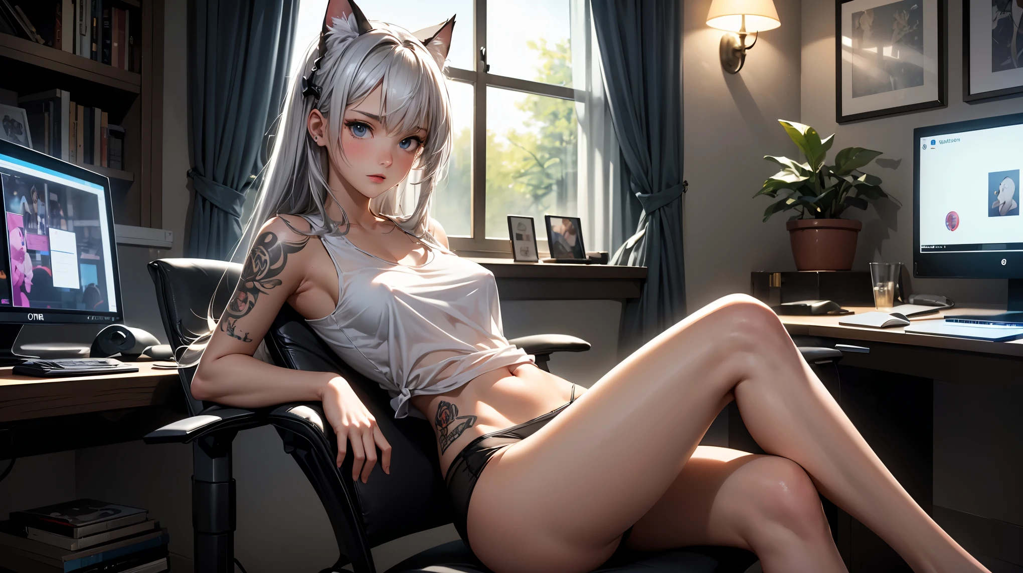 Create a high-quality, detailed image of a beautiful, anime gamer girl with tattoos and long silver hair, and small cat ears, sitting at her gaming PC in her gaming room. She is wearing a see through tank top, barely showing her nipples, and her legs are open showing her panties, showing her midriff, highlighting her stunning curves. The warm, inviting scene includes soft ambient lighting, comfortable seating, The setting is illuminated by a small lamp, creating a serene and intimate atmosphere