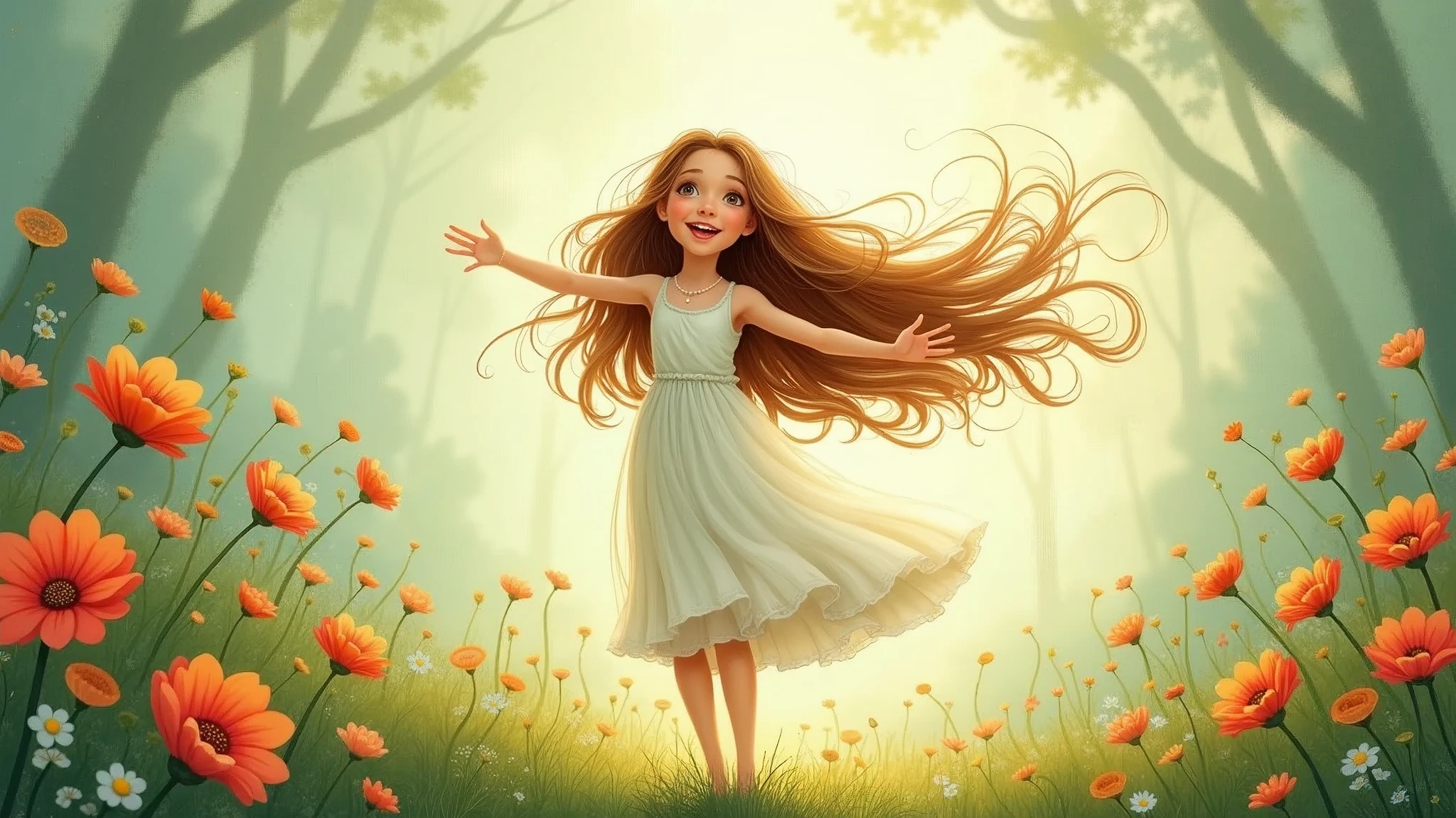 Children's book illustration, open her arms, standing in wind, wind blowing her long hairs, with flowers blooming around