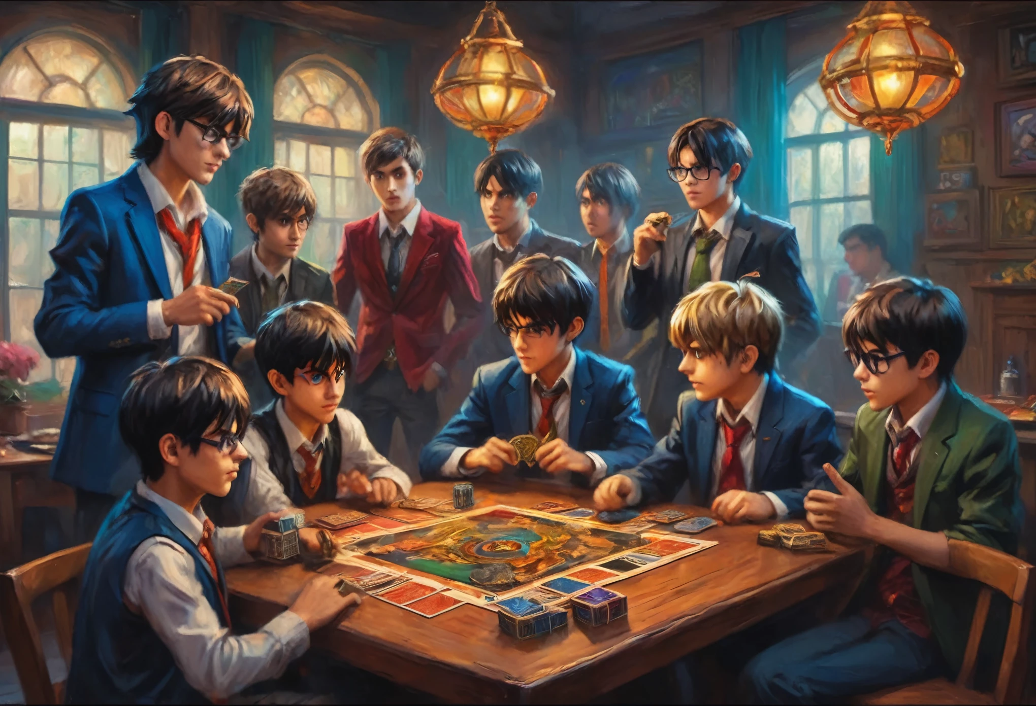 A group of nerdy boys playing Yu-Gi-Oh, detailed intense dueling scene, one boy in elaborate Yu-Gi-Oh cosplay with suit and stylized hair, friends cheering in the background, highly detailed, photorealistic, cinematic lighting, dynamic camera angle, vibrant colors, (best quality,8k,highres,masterpiece:1.2),ultra-detailed,(realistic,photorealistic,photo-realistic:1.37),cinematic composition,dramatic lighting,hyper detailed,vibrant colors,dynamic pose,incredible detail