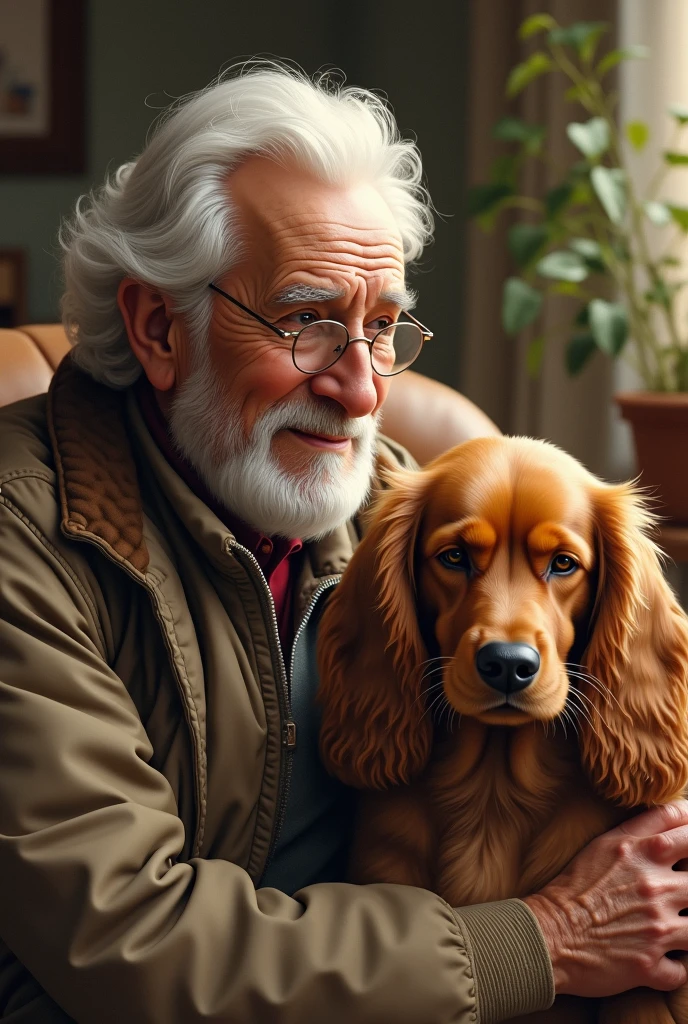 An image of a white-haired and white-skinned grandfather with a 12-year-old cocker spaniel