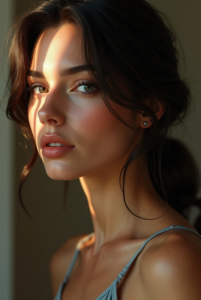 Create a blonde woman/Brunetette, in a somewhat sensual profile picture.