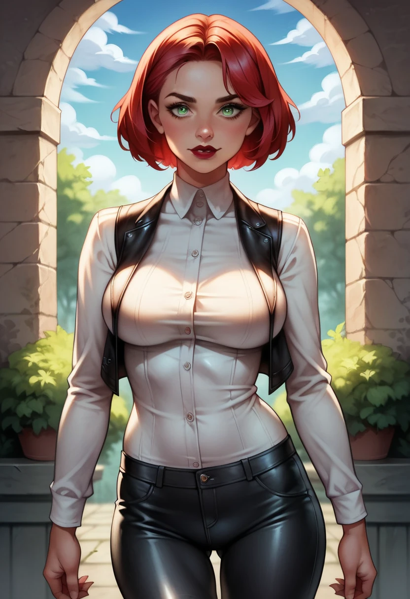 (high-level image quality), (high quality), (high resolution), (detailed), (masterpiece), beautiful woman, ((caucasian)), green eyes, red hair, short hair, dark red lipstick, busty, slender body, Detailed eyes, perfect eyes, Detailed face, leather pants, leather vest, malicious face