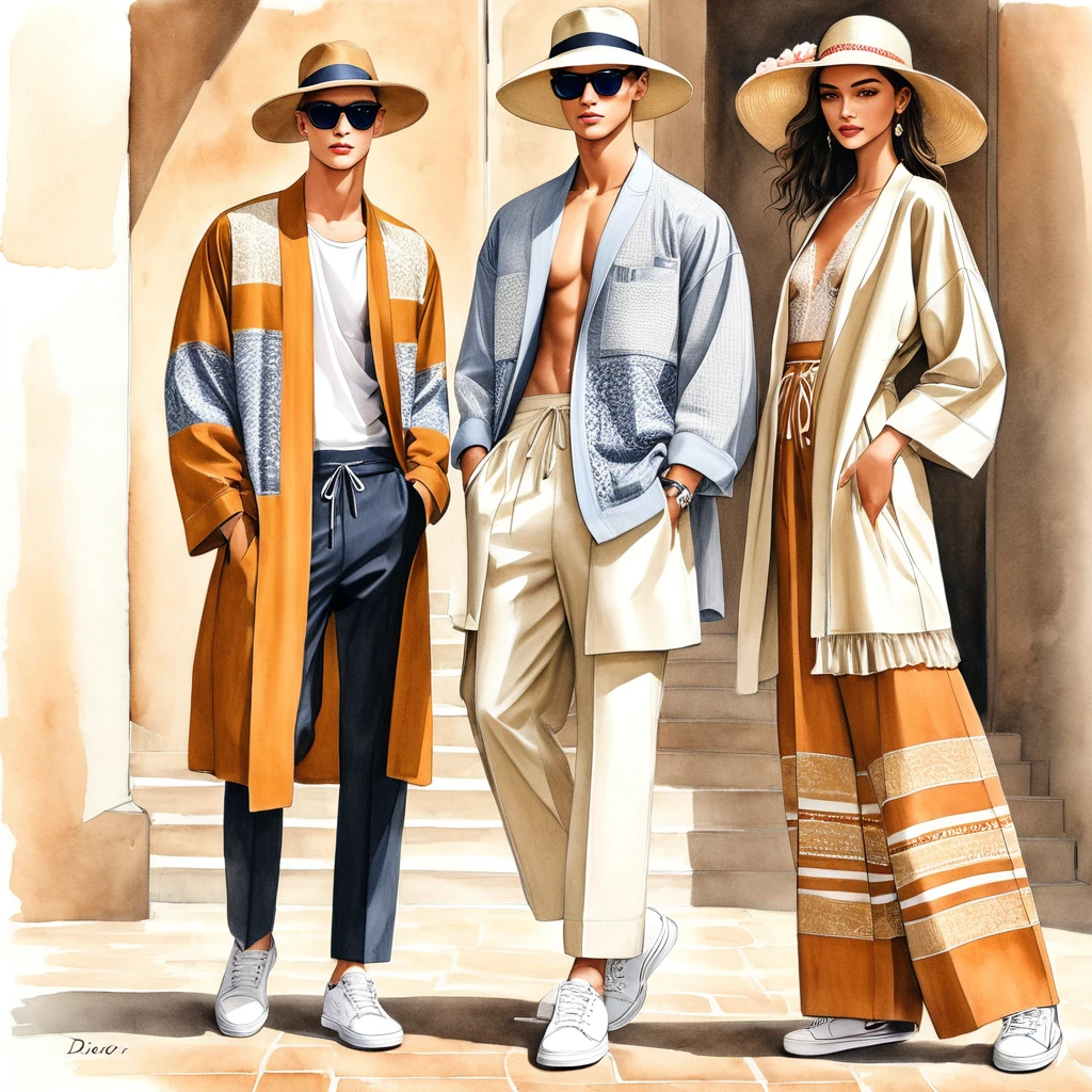 candid fashion illustration a group of young man and girl, aged 18-23 year old, tall and slender, Mixed race super model, ((showcase fashion in a cotton outfits inspired by designer Christian Dior resort collection)), in elegant modern Trible style with ((ethnic woven details)), natural dye Earth tone color. The 1st man wears an oversized shirt with Trible embroidery and lace details, paired with slim-fit Pants, semi hard bugle. The 2nd man complements him in a white and beige striped shirt, over side patchwork Yukata, paired with big striped short with drawstring, side entry pockets, completes the look with white sneakers and sunglasses. the woman wearing a long dress in cotton woven ethnic pattern detail, frill-trimmed with lace, Her ensemble includes a wide-brimmed straw hat, white sneakers. Captured all in a ((full-body pose)), ((pencil color mixed with water-color drawing style on white blank paper)), realistic pencil lines, imperfect drawing, charcoal lines detail, fading sketch, fashion Sketching, fashion illustration, low angle view, (full body image), fashion sketching book.