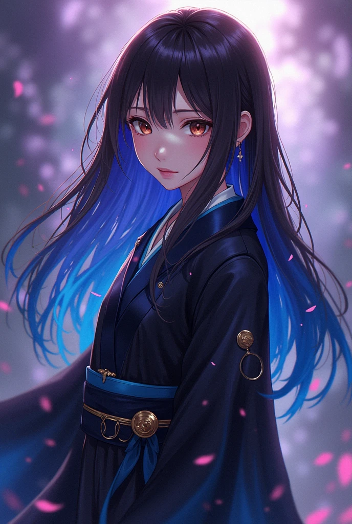 a white skinned girl, with long dark brown hair that turns blue and purple at the tips, with brown eyes, with a black Haori that fades into blue and purple, She is wearing the demon hunter uniform. anime version