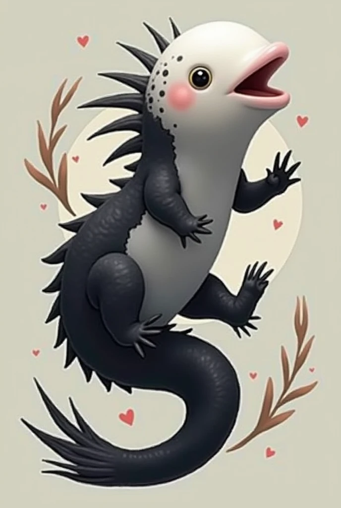 Design a tender and elegant black, grey and white axolotl to be the image of a company
