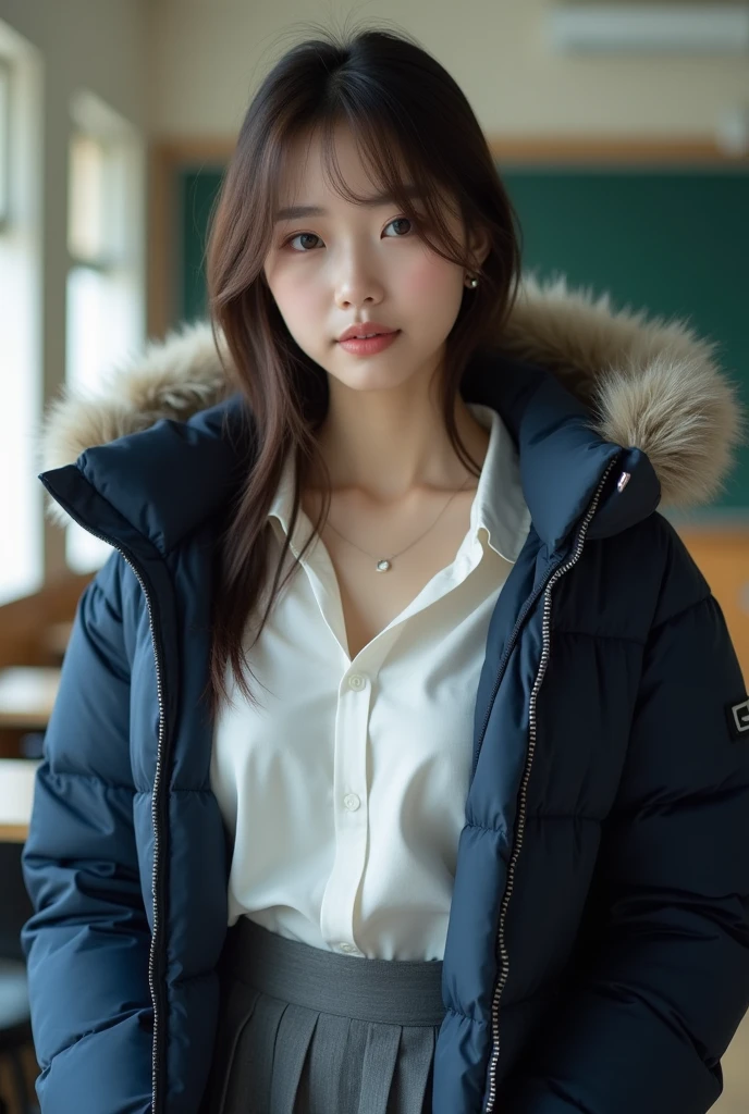 ((best quality)), ((masterpiece)), (detailed), perfect face, beautiful Japanese 18 year old woman, silk tight navy blue topshop puffer coat, seductive, face and body focus, (large breasts) , school uniform, tight silk white blouse, grey pleated skirt, fluffy fur hood, photorealistic, photograph, shiny blouse, blushing, in classroom