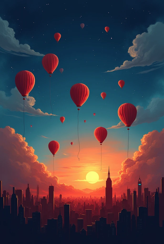 Make a background with a blue, black, red and orange gradient and above about 5 balloons of sheets and below some buildings and in the middle the name migue