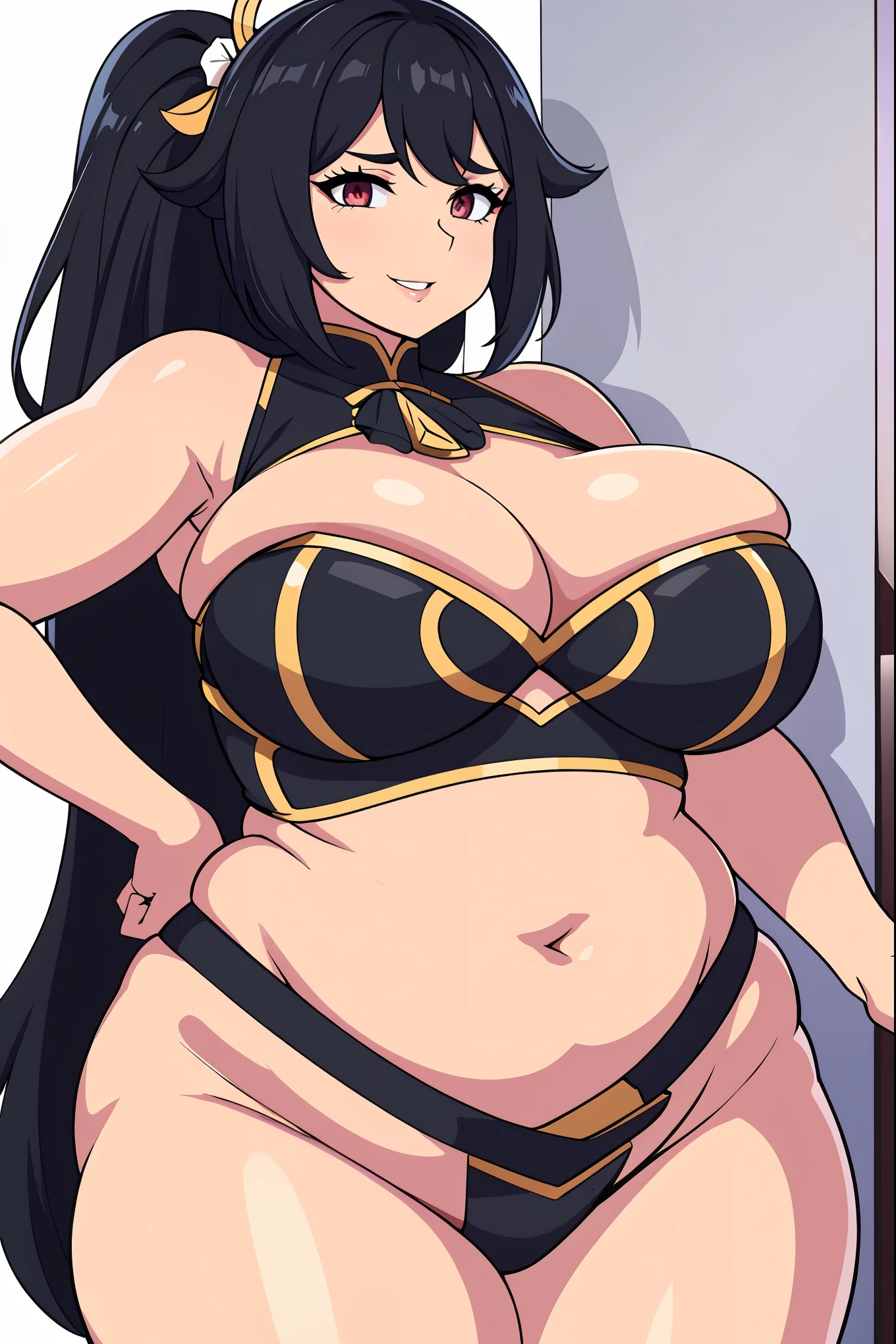 [a handsome, sexy mature woman with a seductive smile and parted lips stands against a white background. darkskin, She has sharp eyelashes, eyes browns, and long black hair with bangs. His figure is voluptuous, with a narrow waist, Broad Hips, and huge breasts. The image has an impact, Genshin-inspired style, rendered in high detail and HDR quality as a stunning work of art.]
