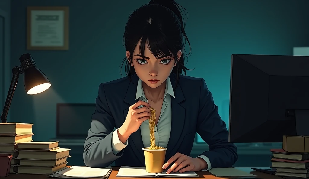 Female detective eating cup noodles