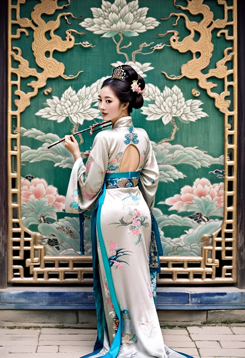 Stone letter M (pornographic pose) outside a Chinese palace during the Qing Dynasty A gorgeous Chinese courtesan with her hair tied on both sides A perverted and erotic woman wearing a crown and tying her hair is the backdrop for a gorgeous room of an empress in a Chinese court during the Qing Dynasty.