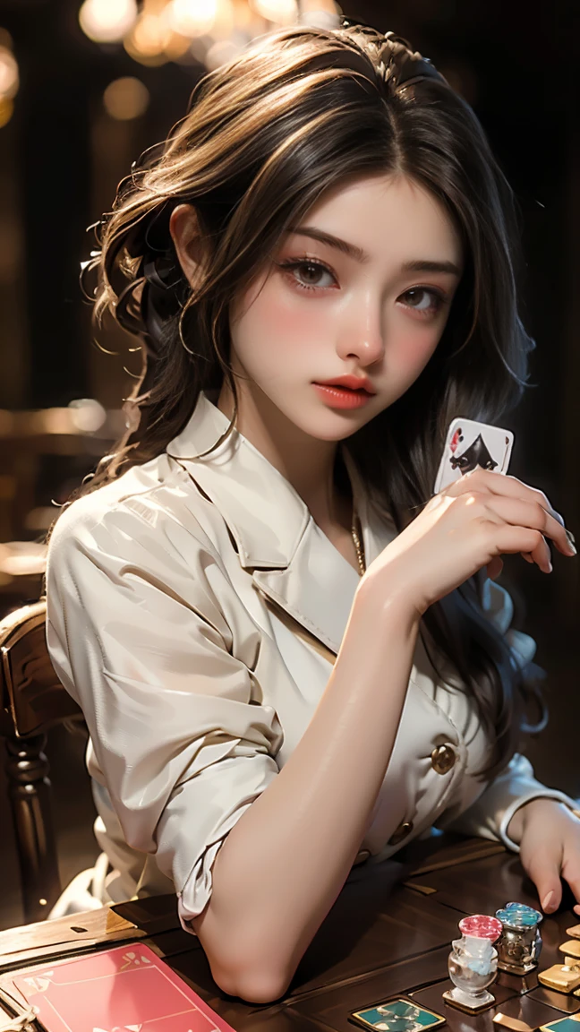 masterpiece, Highest image quality, photo realistic, Raw photo, (girl stand on the table , game cards on her hands, she play the card game and nearly win, background is the card detail,)