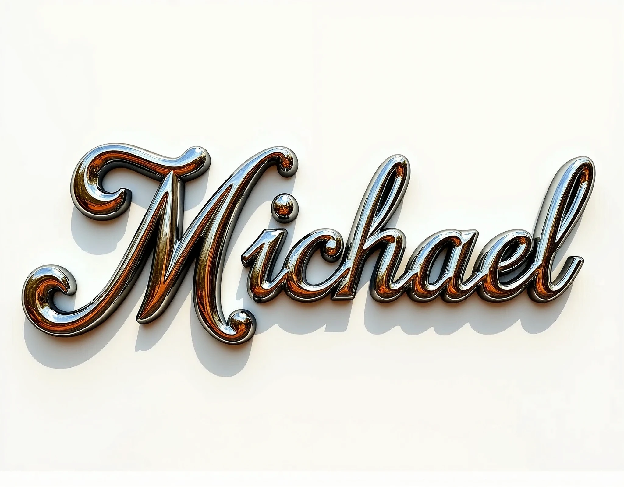 shiny highly polished chrome art nouveau fancy script text, large, (text:"Michael") The word, logo, flowing art nouveau flourishes, front face flat view on white background, front lit sunny tropical reflection in text face, badge, emblem, insignia, label, photorealistic, extremely detailed, beautiful, unique, epic, 