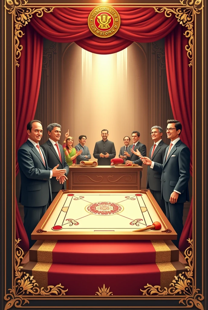 Draw an inauguration ceremony card for carrom board game
