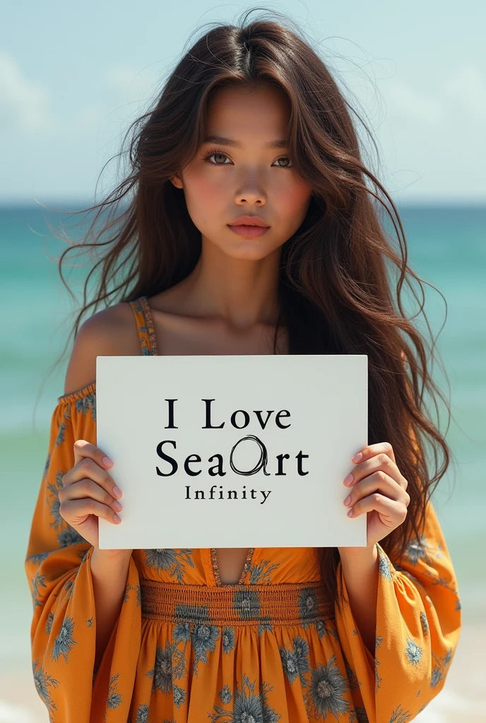 Beautiful girl with wavy long hair, bohemian dress, holding a white board with text "I Love Seaart Infinity" and showing it to the viewer