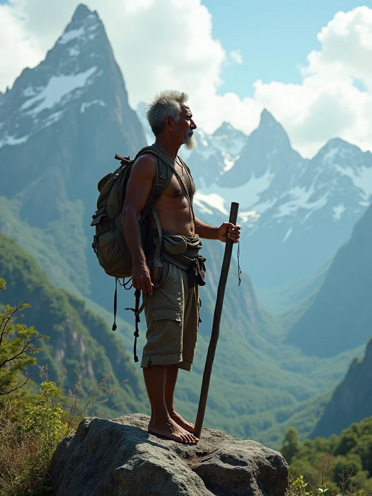 Older Cambodian hunter stands on a mountain