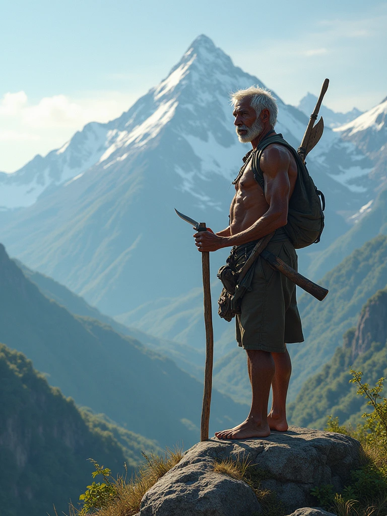 Older Cambodian hunter stands on a mountain