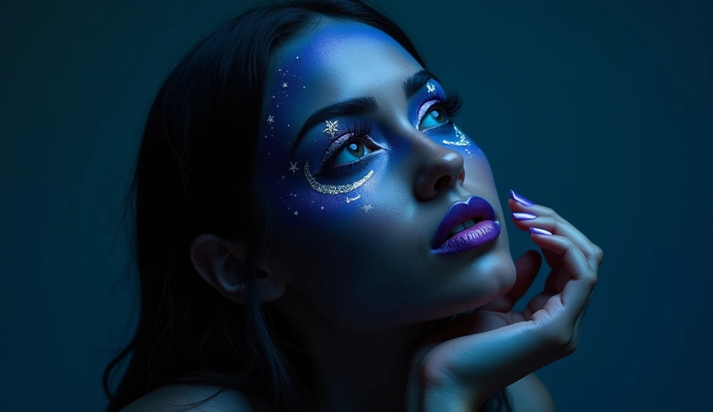 Makeup for a Midnight Mirage:
A woman with deep, velvety black and blue skin paint, adorned with shimmering silver stars and crescent moons across her eyelids. Her lips are a glowing purple, like the edge of twilight. She poses with one hand gently resting under her chin, gazing upward. [Fashionable, ultra-realistic photography, surreal, ethereal beauty], [Soft, diffused lighting, focus on intricate makeup details, dark and dreamy color palette, studio setting].