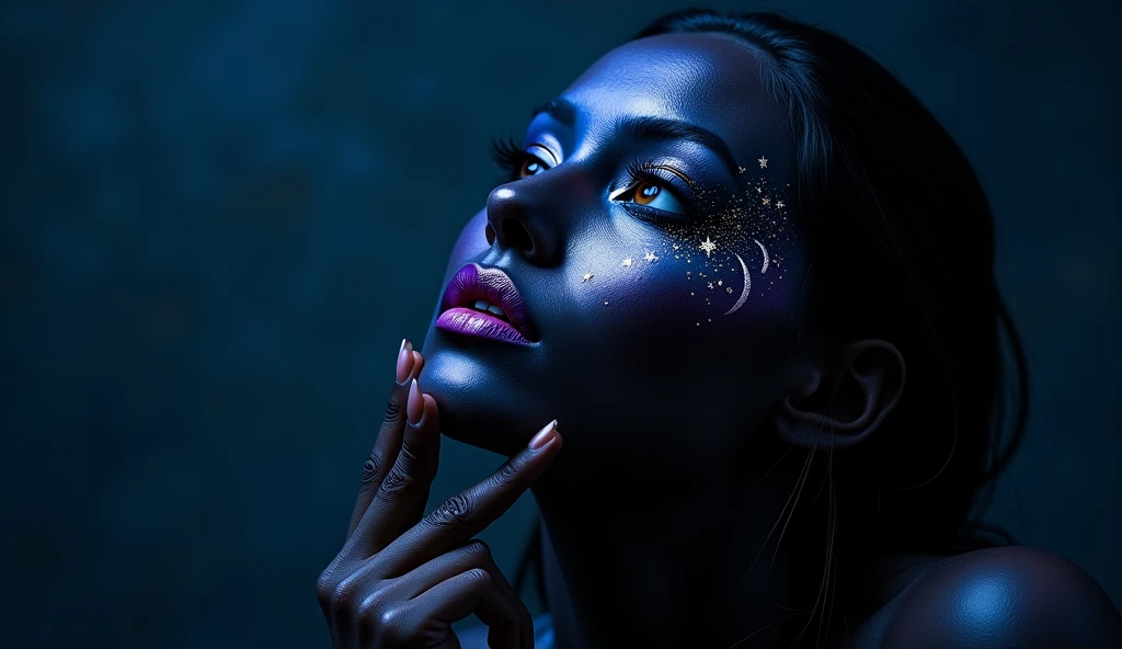 Makeup for a Midnight Mirage:
A woman with deep, velvety black and blue skin paint, adorned with shimmering silver stars and crescent moons across her eyelids. Her lips are a glowing purple, like the edge of twilight. She poses with one hand gently resting under her chin, gazing upward. [Fashionable, ultra-realistic photography, surreal, ethereal beauty], [Soft, diffused lighting, focus on intricate makeup details, dark and dreamy color palette, studio setting].