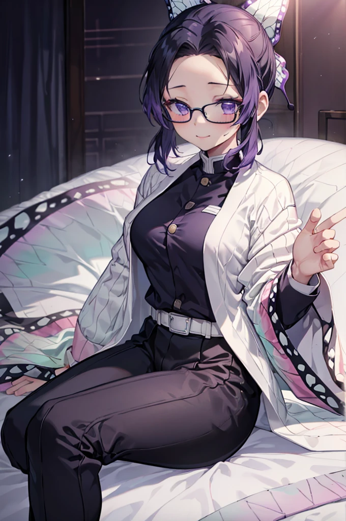 nsfw, kochou shinobu, Medium chest, 15yo, (Tabletop:1.3),(Highest quality:1.3), High resolution, Cooboy Shot, (pretty girl:1.3), solo, Big smile、Wear glasses、Wide forehead、Bob Purple Hair,Open your mouth ,caregiver,Hospital room、hospital,White nurse uniform,White nurse hat,Nurse attire、View your viewers,、Purple panties、skirt, The eyes are purple, Miraculous Eye、The underwear is transparent、The color of the underwear is a light blue bra and string pants、Yoga poses、Lie、I put my hand on the bedside、Lying in bed、Please stand up straight.、Squat position、Perfect hands、Five fingers、Five Fingers、Raise one of your left arms、With your right hand, squeeze the pants of the buttocks tightly,、、Sweat around underwear、