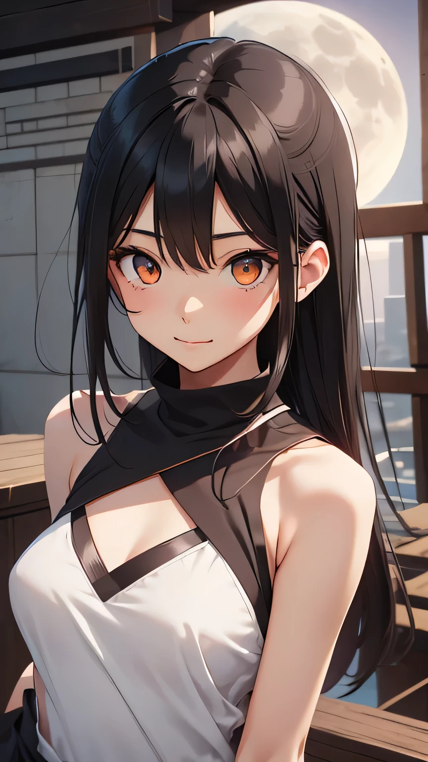 Highest quality、Realistic、girl、zoom、Orange eyes、Black Hair、Ninja、A well-trained body、White shinobi costume、Sleeveless、thin、Dark Skin、Flat Chest、Inappropriate smile、Moonlit Night、Bust Shot、