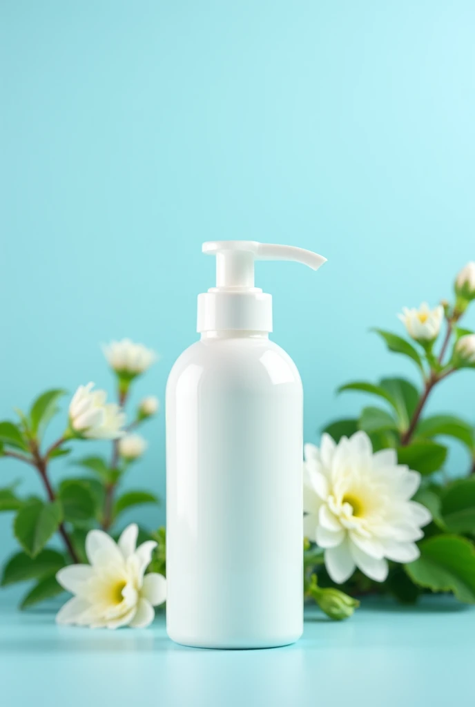 White luxury bath lotion, A bright light blue background, Green plants, White flowers, A delicate luster, Centered composition, Studio lighting, HD4K, Sense of reality, Inoguchi Ki, Commercial photography, Super detail