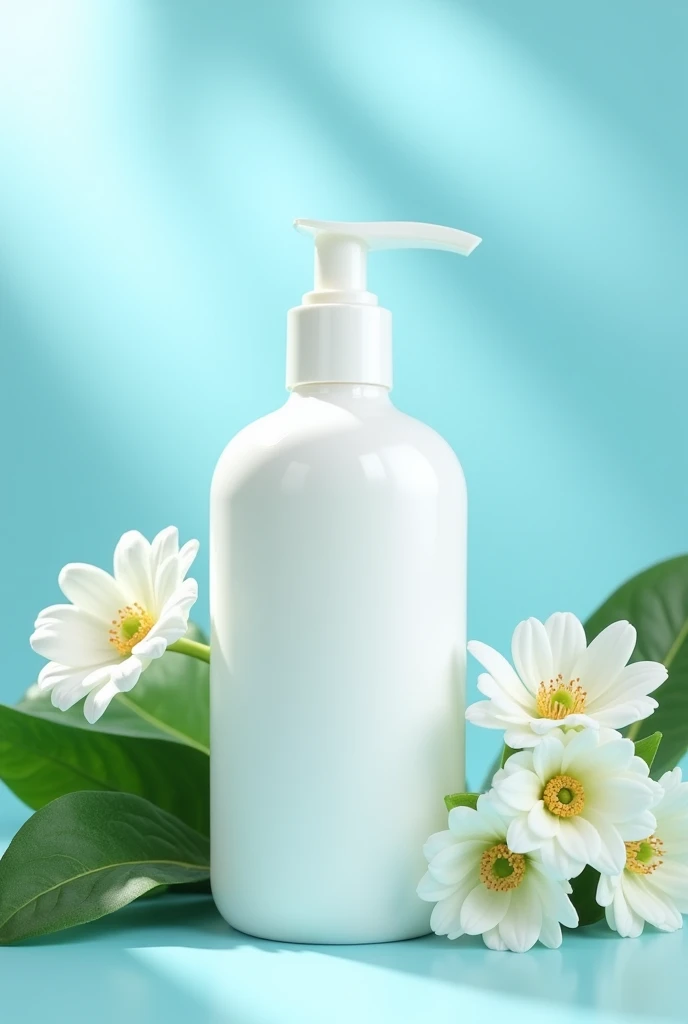 White luxury bath lotion, A bright light blue background, Green plants, White flowers, A delicate luster, Centered composition, Studio lighting, HD4K, Sense of reality, Inoguchi Ki, Commercial photography, Super detail