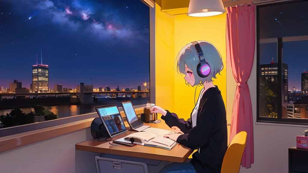 girl study on a desk while listening to jazz on headphones with night sky in the background
