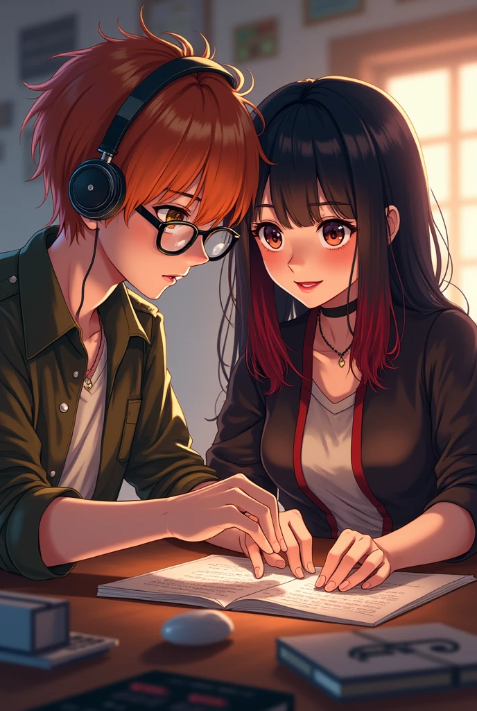 boy with short orange hair, Tez blanca, amber eyes con gafas, alto con audífonos haciendo junto una chica de Tez blanca, amber eyes, long black hair with red streaks, soft pink lips and gothic dress like Friends smiling. Attack on Titan style, WITT STUDIOS 1 season